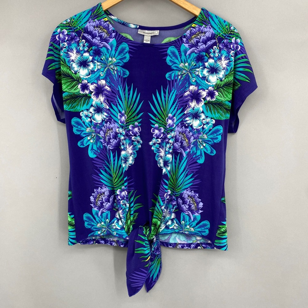 Dressbarn Tropical Floral Tie Front Top Women Large Purple Blue Short Sleeve Y2K